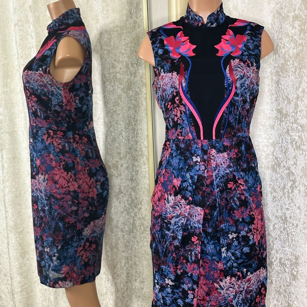 Shanghai Tang Pink and Blue Sheath Dress Mock Neck Midi